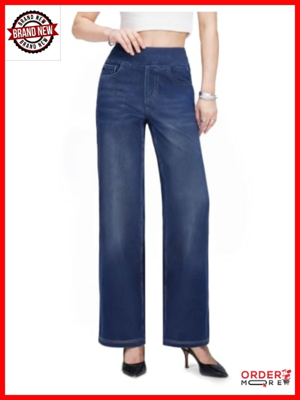 Pull-On Wide Leg Jeans High Waisted Tummy Control Stretchy Denim